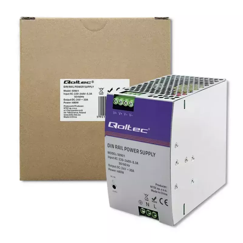 Fuente de alimentación industrial para carril DIN QOLTEC 50901 — 480W, 24V DC, 20A