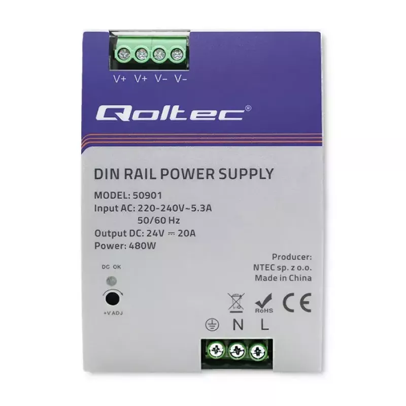 Fuente de alimentación industrial para carril DIN QOLTEC 50901 — 480W, 24V DC, 20A