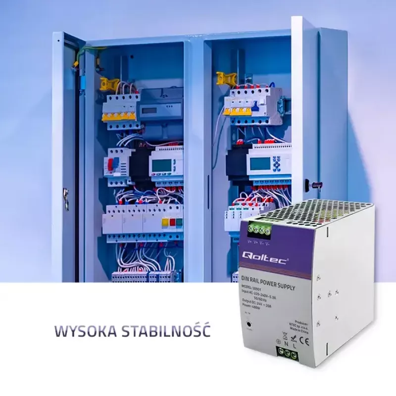 Fuente de alimentación industrial para carril DIN QOLTEC 50901 — 480W, 24V DC, 20A