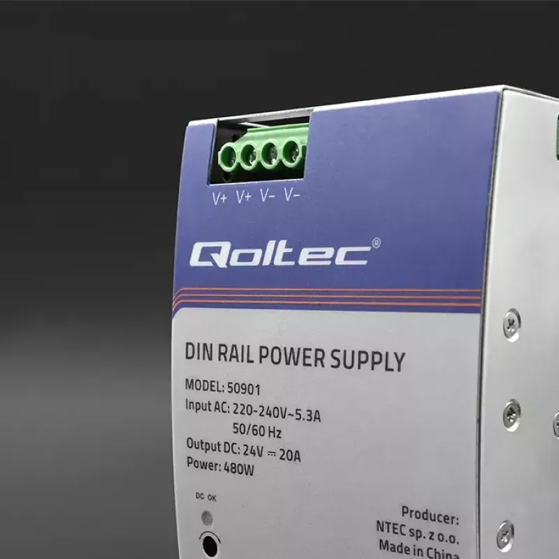 Fuente de alimentación industrial para carril DIN QOLTEC 50901 — 480W, 24V DC, 20A