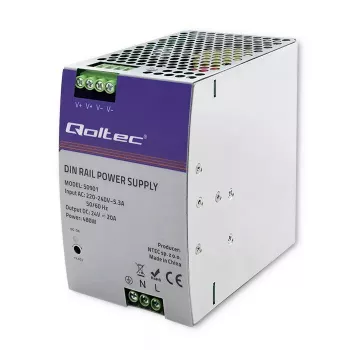 Fuente de alimentación industrial para carril DIN QOLTEC 50901 — 480W, 24V DC, 20A