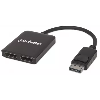 Manhattan DisplayPort 1.2 a hub splitter de 2 puertos DisplayPort 1.2 con MST, 4K@30Hz, alimentación USB-A, función de videowall, negro, MST = Multi-Stream-Transport, 3 años de garantía