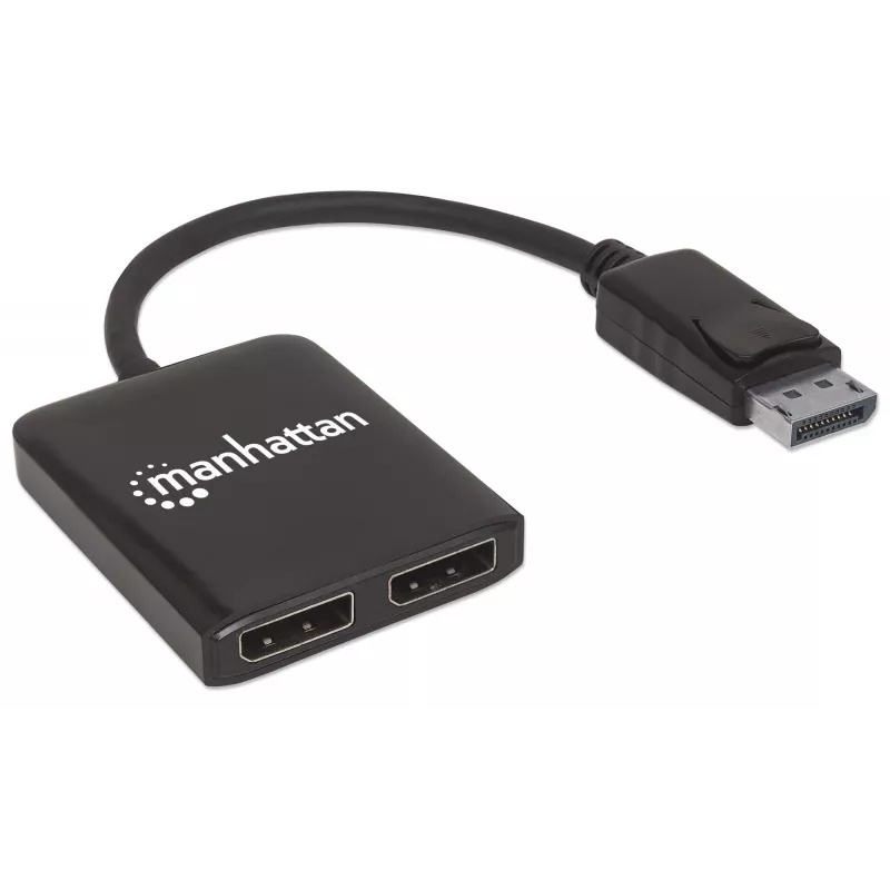 Manhattan divisor DisplayPort 1.2 con 2 puertos DisplayPort 1.2 y MST, 4K@30Hz, alimentado por USB-A, función de videowall, negro, MST = Multi-Stream Transport, 3 años de garantía