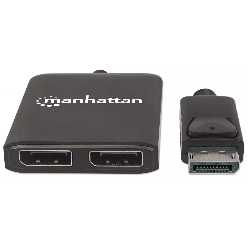 Manhattan divisor DisplayPort 1.2 con 2 puertos DisplayPort 1.2 y MST, 4K@30Hz, alimentado por USB-A, función de videowall, negro, MST = Multi-Stream Transport, 3 años de garantía
