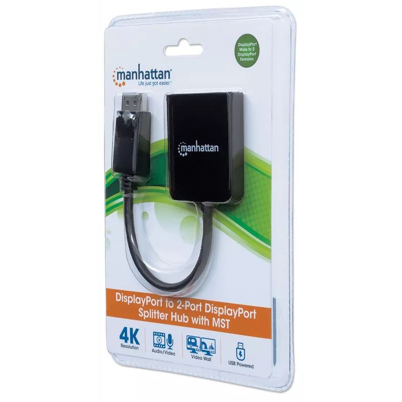 Manhattan divisor DisplayPort 1.2 con 2 puertos DisplayPort 1.2 y MST, 4K@30Hz, alimentado por USB-A, función de videowall, negro, MST = Multi-Stream Transport, 3 años de garantía