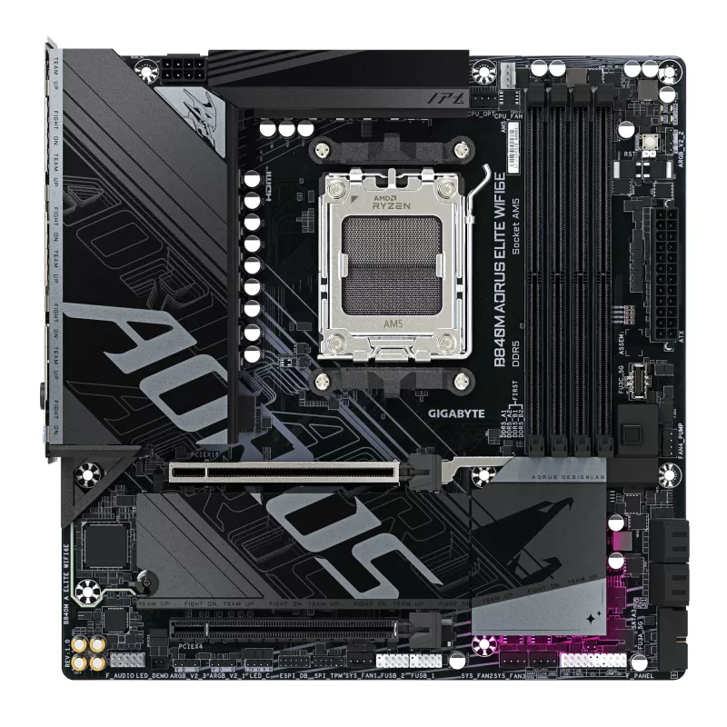 Placa base GIGABYTE B840M AORUS ELITE WIFI6E - CPUs AMD Ryzen 9000, VRM de 10+2+2 fases, hasta 8200MHz DDR5(O.C), 2xPCIe 4.0 M.2, Wi-Fi 6E, LAN 2.5GbE, USB 3.2 Gen 2