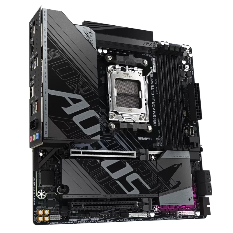 Placa base GIGABYTE B840M AORUS ELITE WIFI6E - CPUs AMD Ryzen 9000, VRM de 10+2+2 fases, hasta 8200MHz DDR5(O.C), 2xPCIe 4.0 M.2, Wi-Fi 6E, LAN 2.5GbE, USB 3.2 Gen 2