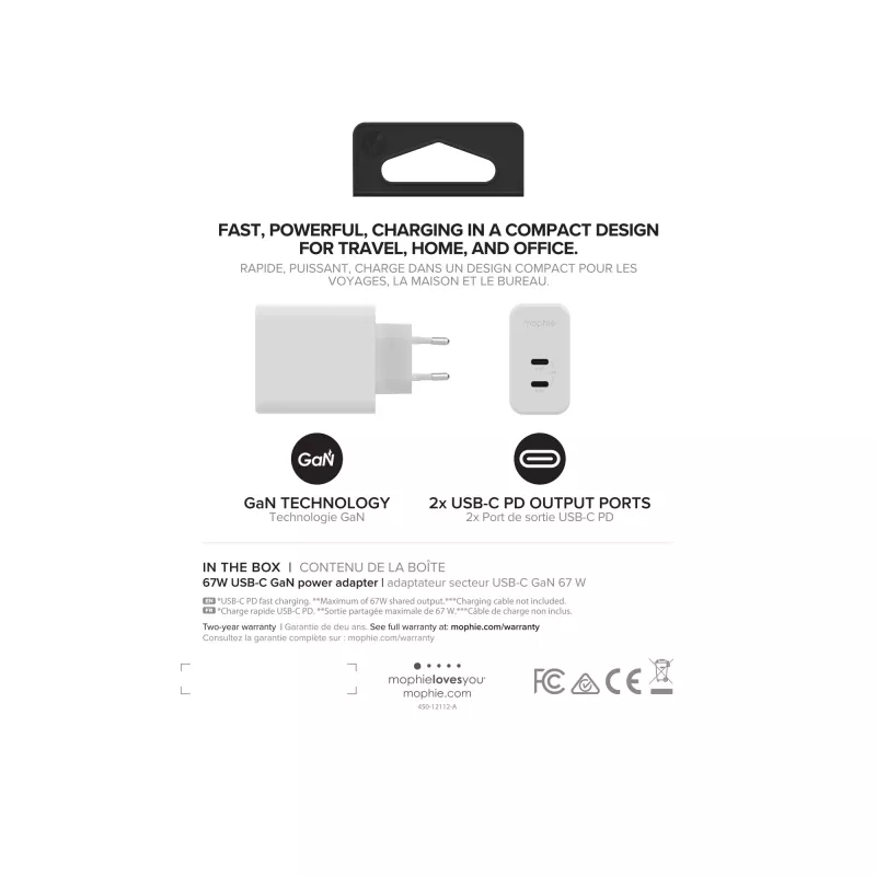 Adaptador de pared mophie accesorios USB-C-PD-DUAL-67W-GAN-blanco-EU (2xUSBC)