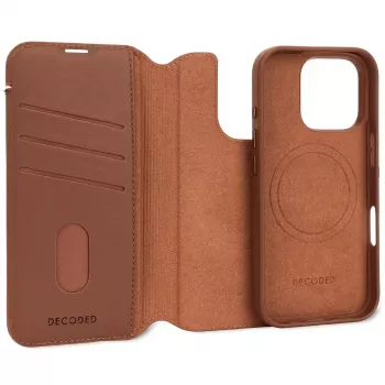 Decoded funda para móvil con cartera de piel desmontable para iPhone 16 Pro – marrón, piel auténtica, microfibra, pantalla de 6,3 pulgadas, 3 compartimentos para tarjetas