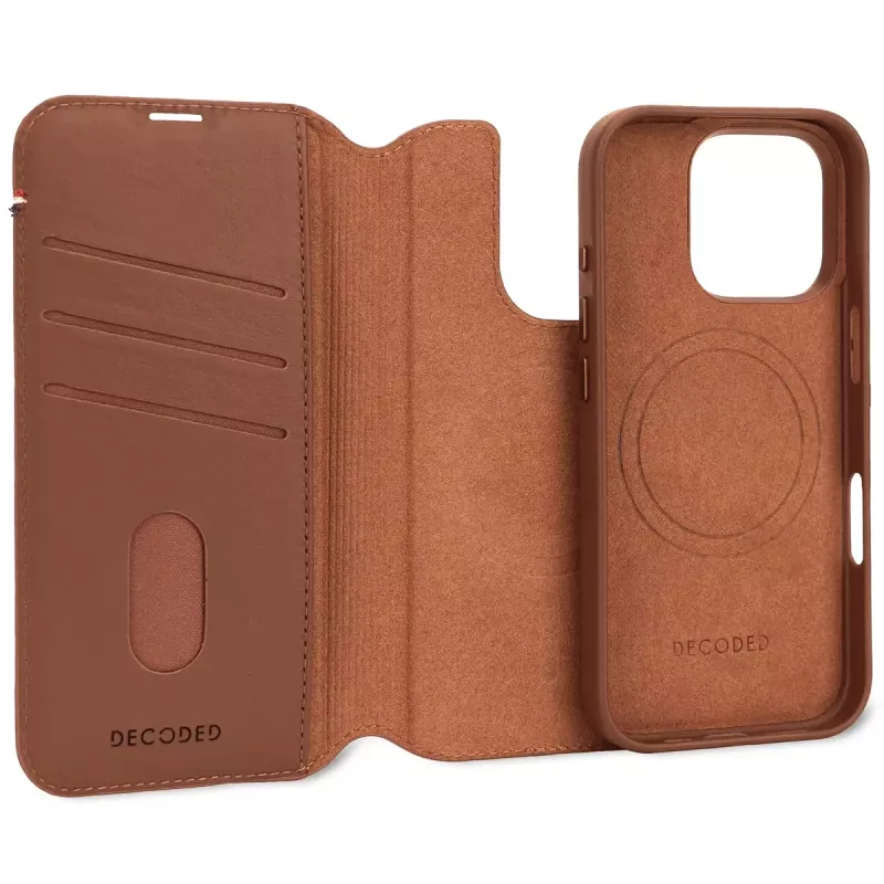 Decoded funda para móvil con cartera de piel desmontable para iPhone 16 Pro – marrón, piel auténtica, microfibra, pantalla de 6,3 pulgadas, 3 compartimentos para tarjetas