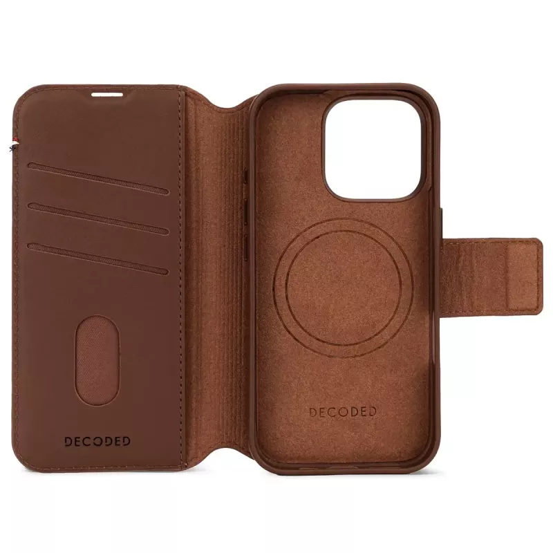 Decoded funda para móvil con cartera de piel desmontable para iPhone 16 Pro – marrón, piel auténtica, microfibra, pantalla de 6,3 pulgadas, 3 compartimentos para tarjetas