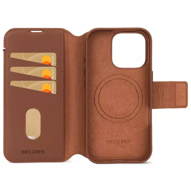 Decoded funda para móvil con cartera de piel desmontable para iPhone 16 Pro – marrón, piel auténtica, microfibra, pantalla de 6,3 pulgadas, 3 compartimentos para tarjetas