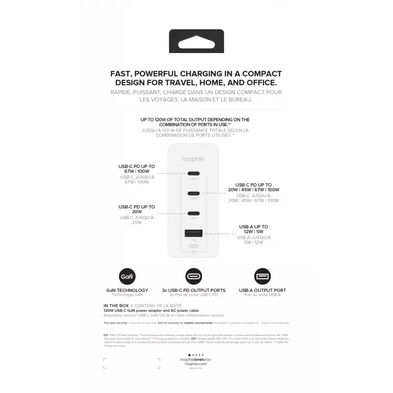 mophie adaptador de pared accesorios USB-C-PD-HUB-120W-GAN blanco EU (3xUSBC + 1xUSBA)
