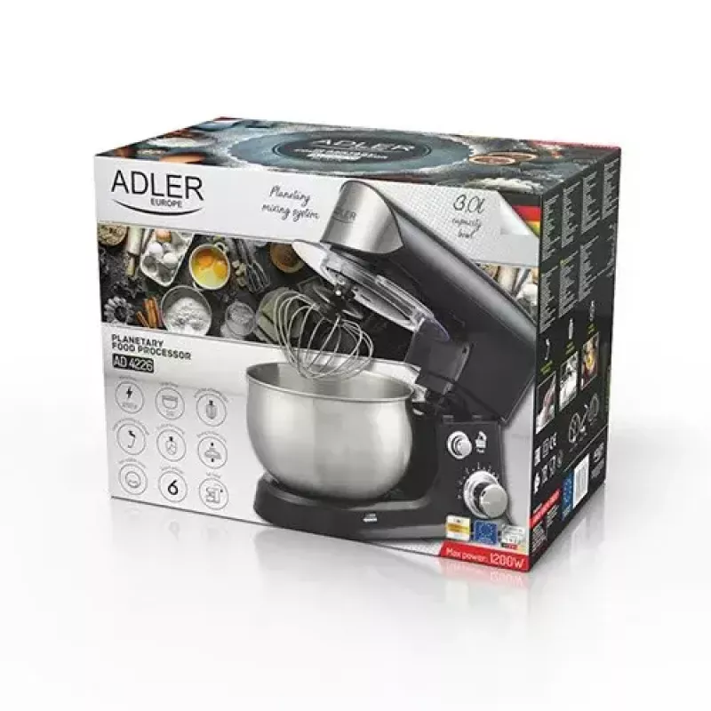 Robot de cocina Adler AD 4226b — 700 W (máx. 1200 W), bol de acero inoxidable de 3 L, 6 velocidades, batidor planetario