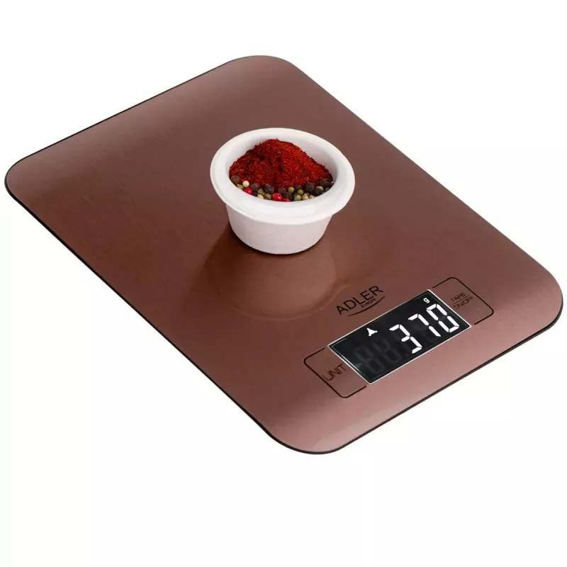 Báscula de cocina electrónica Adler AD 3183 — capacidad 5 kg, precisión 1 g, superficie de pesaje de acero inoxidable, color cobre