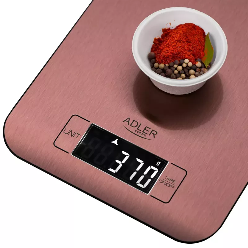 Báscula de cocina electrónica Adler AD 3183 — capacidad 5 kg, precisión 1 g, superficie de pesaje de acero inoxidable, color cobre