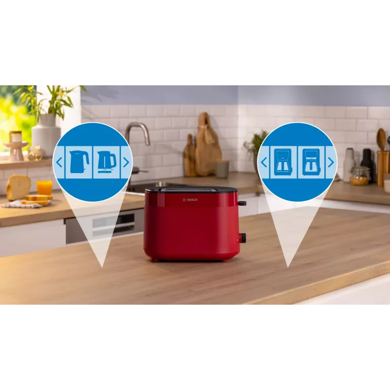 Tostadora Bosch TAT2M124 — 2 rebanadas 950 W, roja, centrado del pan, descongelación, elevación