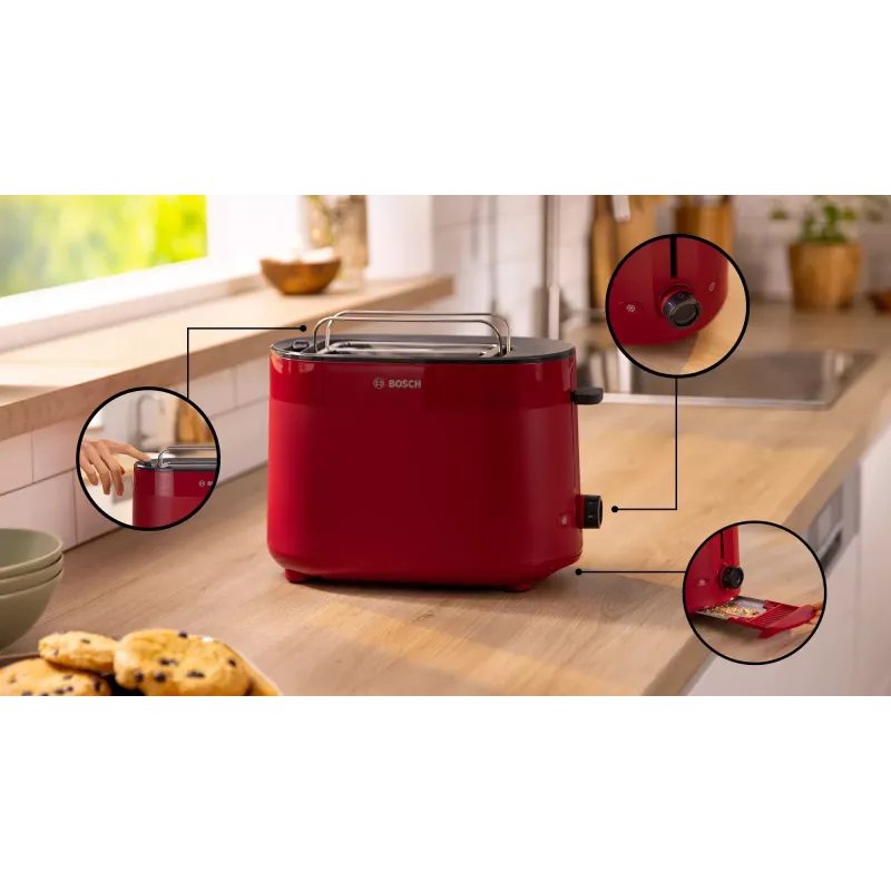 Tostadora Bosch TAT2M124 — 2 rebanadas 950 W, roja, centrado del pan, descongelación, elevación