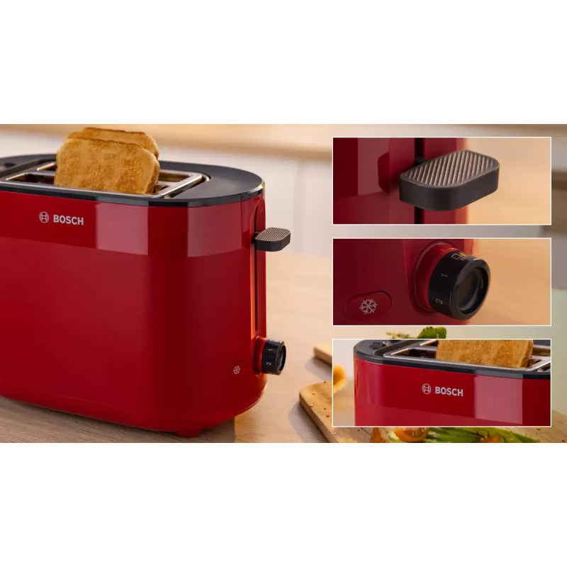 Tostadora Bosch TAT2M124 — 2 rebanadas 950 W, roja, centrado del pan, descongelación, elevación