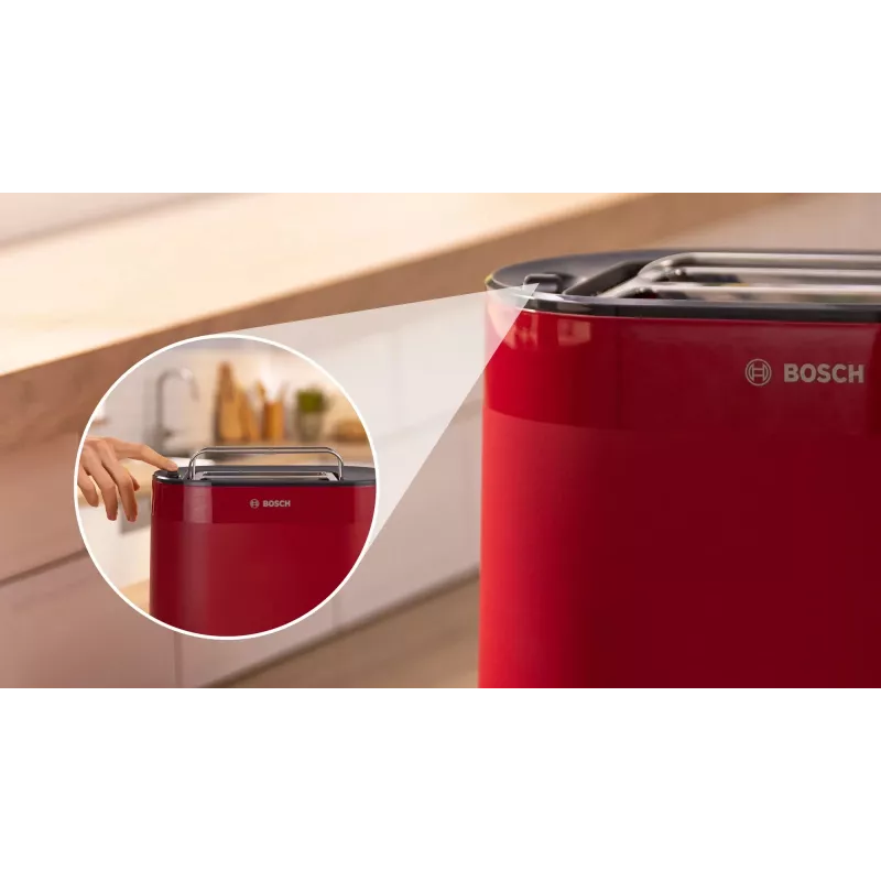 Tostadora Bosch TAT2M124 — 2 rebanadas 950 W, roja, centrado del pan, descongelación, elevación