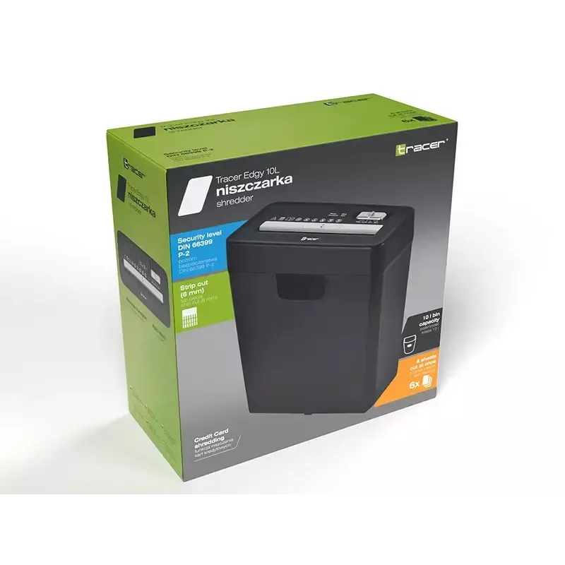 Destructora de documentos TRACER Edge10L corte cruzado, capacidad 10 hojas, corte 6 mm, depósito 10 L, negra