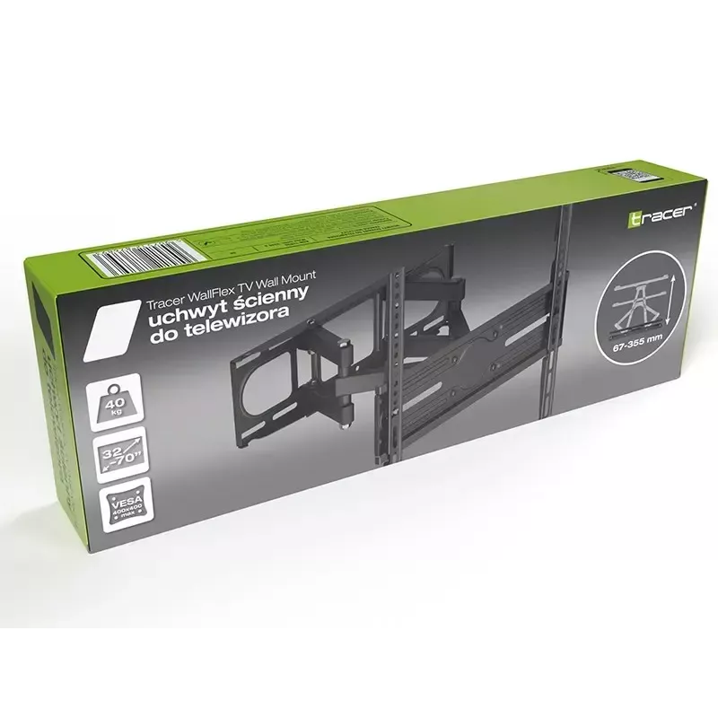 Tracer WallFlex TRAUCH47656 soporte de pared para TV con brazo, 32–70 pulgadas, VESA 100x100–400x400, máx. 40 kg, inclinación -3°/+7°, giro ±60°, negro