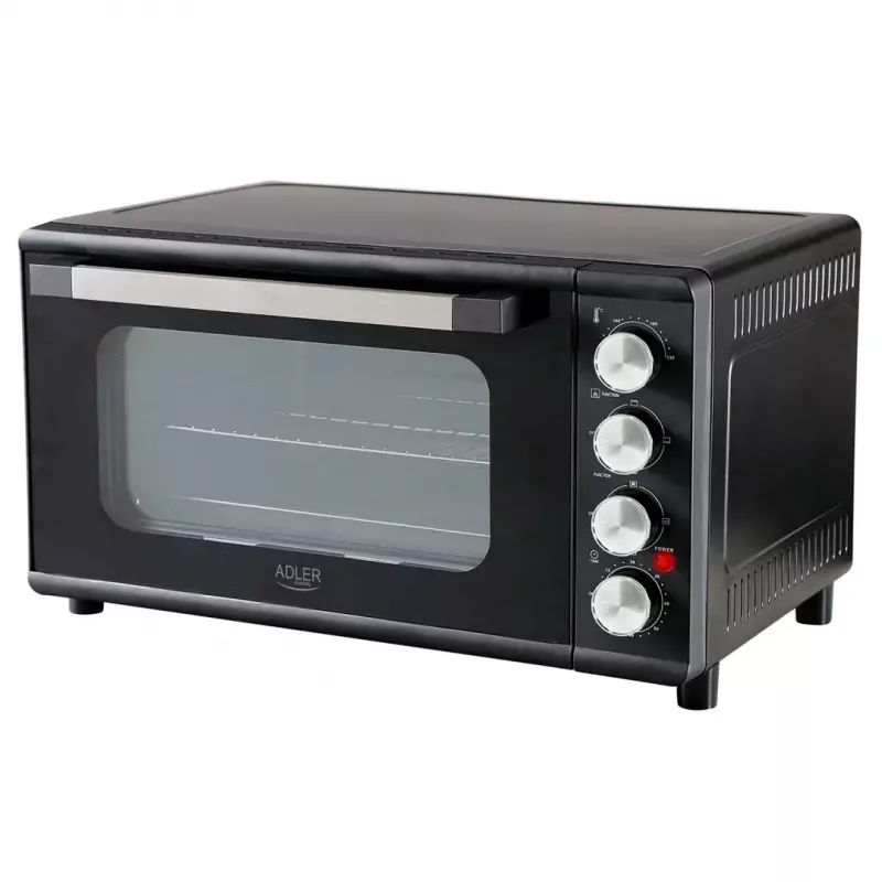 Mini horno Adler AD 6030 — 30 L / 1500 W, temporizador mecánico, asador giratorio, 230 °C, independiente, negro
