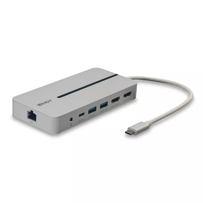 Estación de acoplamiento mini USB-C Lindy DST-Mx Duo para portátil/MacBook con doble pantalla (4K) y carga pass-through de 100 W