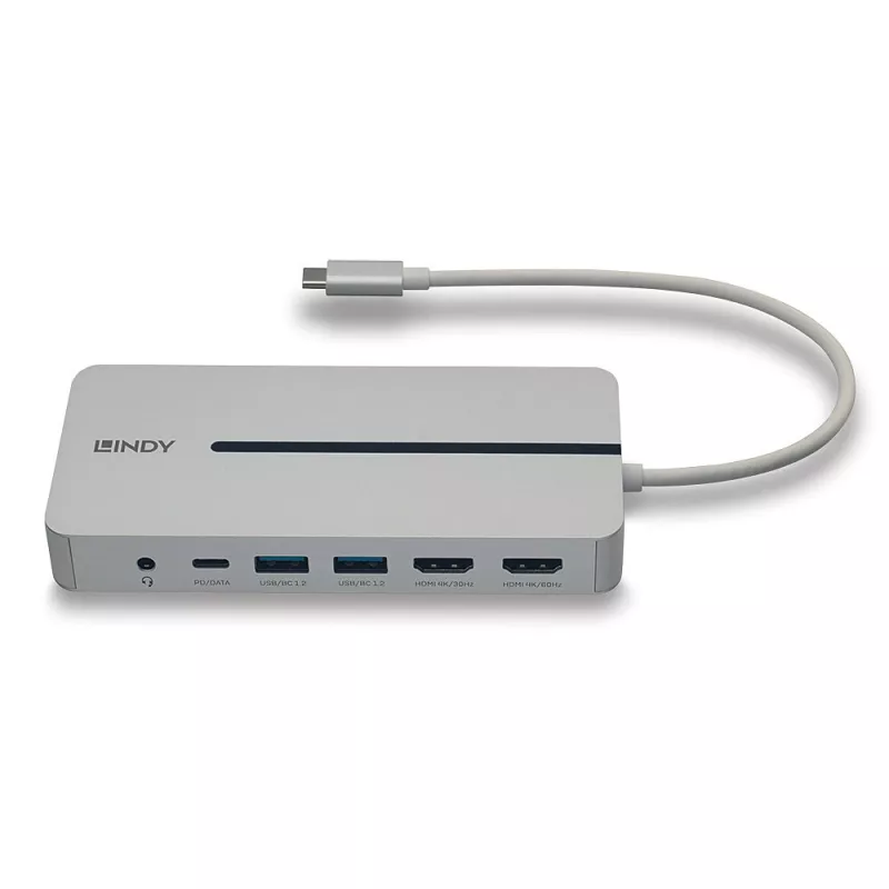 Estación de acoplamiento mini USB-C Lindy DST-Mx Duo para portátil/MacBook con doble pantalla (4K) y carga pass-through de 100 W