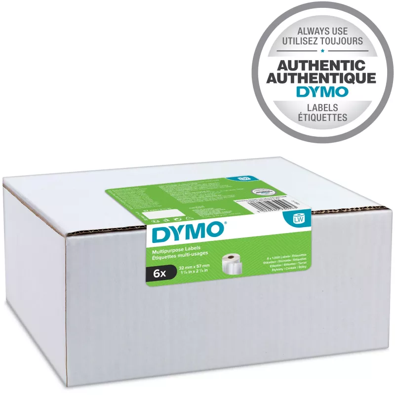 Etiquetas multiuso DYMO Authentic LabelWriter 32 mm x 57 mm 6 rollos con 1.000 etiquetas fácilmente despegables (6.000 unidades) Autoadhesivas para impresoras de etiquetas LabelWriter