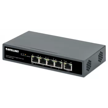 Intellinet Switch Gigabit 5 puertos con PoE Passthrough, un puerto PD PoE IEEE 802.3bt (PoE++ / 4PPoE) con consumo de 95 W, cuatro puertos PSE PoE, presupuesto PoE de hasta 65 W, salida conforme a IEEE 802.3at/af, sobremesa, opción de montaje en pared