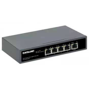 Intellinet Switch Gigabit 5 puertos con PoE Passthrough, un puerto PD PoE IEEE 802.3bt (PoE++ / 4PPoE) con consumo de 95 W, cuatro puertos PSE PoE, presupuesto PoE de hasta 65 W, salida conforme a IEEE 802.3at/af, sobremesa, opción de montaje en pared
