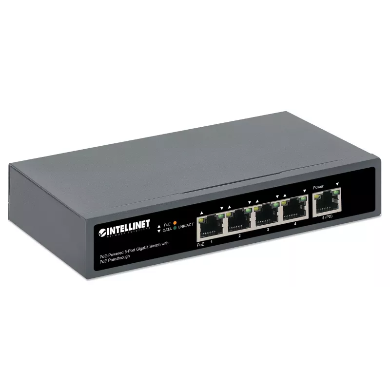 Intellinet Switch Gigabit 5 puertos con PoE Passthrough, un puerto PD PoE IEEE 802.3bt (PoE++ / 4PPoE) con consumo de 95 W, cuatro puertos PSE PoE, presupuesto PoE de hasta 65 W, salida conforme a IEEE 802.3at/af, sobremesa, opción de montaje en pared