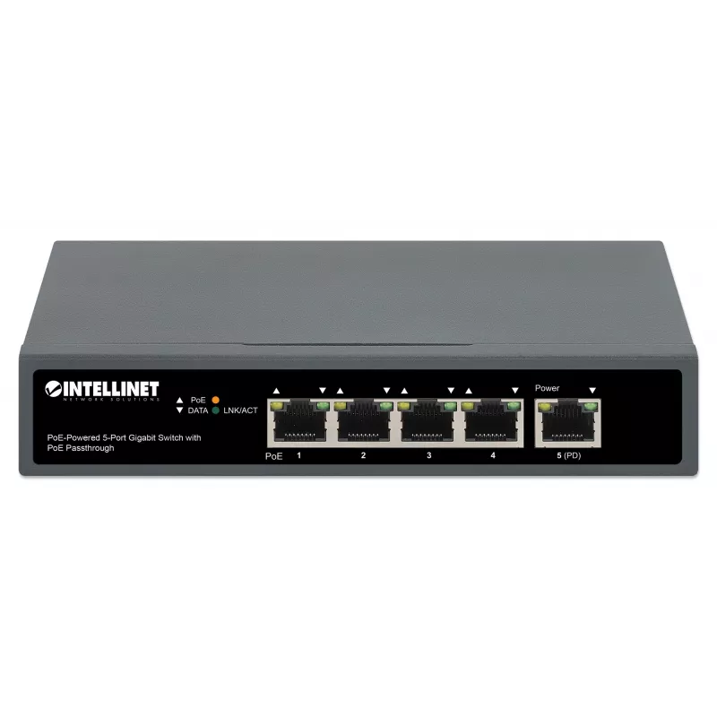 Intellinet Switch Gigabit 5 puertos con PoE Passthrough, un puerto PD PoE IEEE 802.3bt (PoE++ / 4PPoE) con consumo de 95 W, cuatro puertos PSE PoE, presupuesto PoE de hasta 65 W, salida conforme a IEEE 802.3at/af, sobremesa, opción de montaje en pared