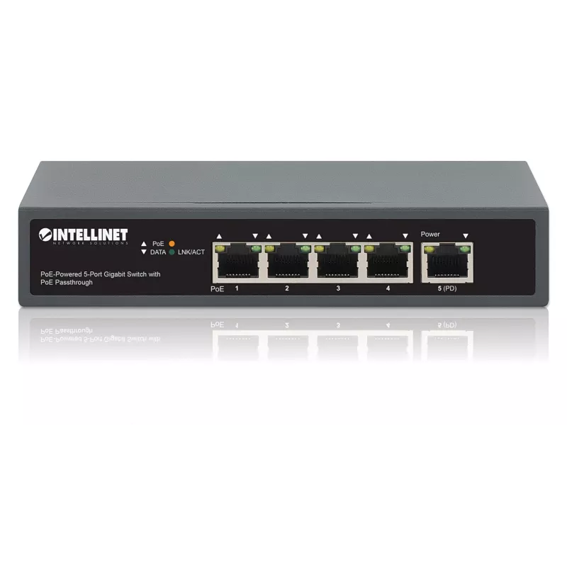 Intellinet Switch Gigabit 5 puertos con PoE Passthrough, un puerto PD PoE IEEE 802.3bt (PoE++ / 4PPoE) con consumo de 95 W, cuatro puertos PSE PoE, presupuesto PoE de hasta 65 W, salida conforme a IEEE 802.3at/af, sobremesa, opción de montaje en pared
