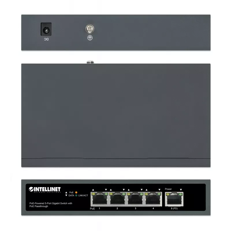 Intellinet Switch Gigabit 5 puertos con PoE Passthrough, un puerto PD PoE IEEE 802.3bt (PoE++ / 4PPoE) con consumo de 95 W, cuatro puertos PSE PoE, presupuesto PoE de hasta 65 W, salida conforme a IEEE 802.3at/af, sobremesa, opción de montaje en pared