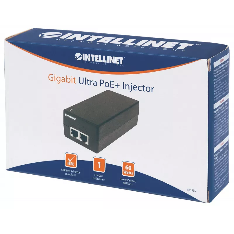 Intellinet Inyector Gigabit Ultra PoE+, 1 puerto de 60 W, conforme a IEEE 802.3bt e IEEE 802.3at/af, carcasa de plástico