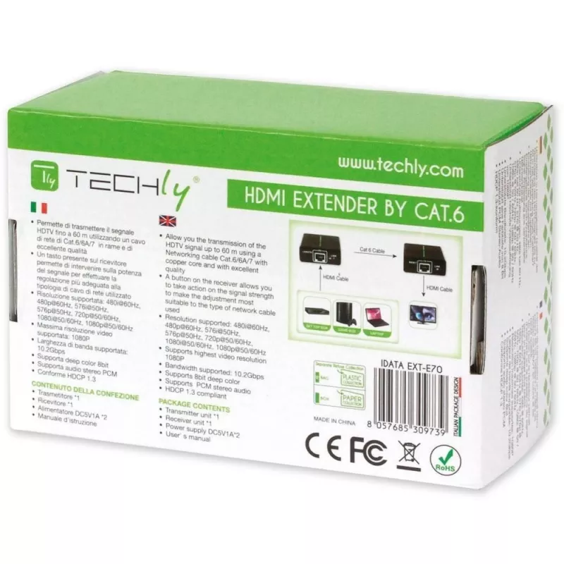 Emisor y receptor AV TECHLY IDATA EXT-E70 — extensión HDMI por cable Cat6/6a/7, Full HD 1920x1080, 60 m, 10,2 Gbit/s, HDCP, negro