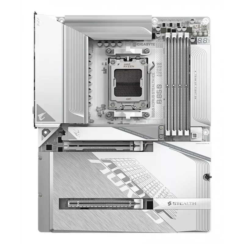 GIGABYTE B850 AORUS STEALTH ICE Placa base ATX para AMD Socket AM5 — B850, 14+2+2 VRM, DDR5 hasta 8200 MHz (OC), 2×PCIe5, 2×PCIe4 M.2, Wi‑Fi 7, 5GbE