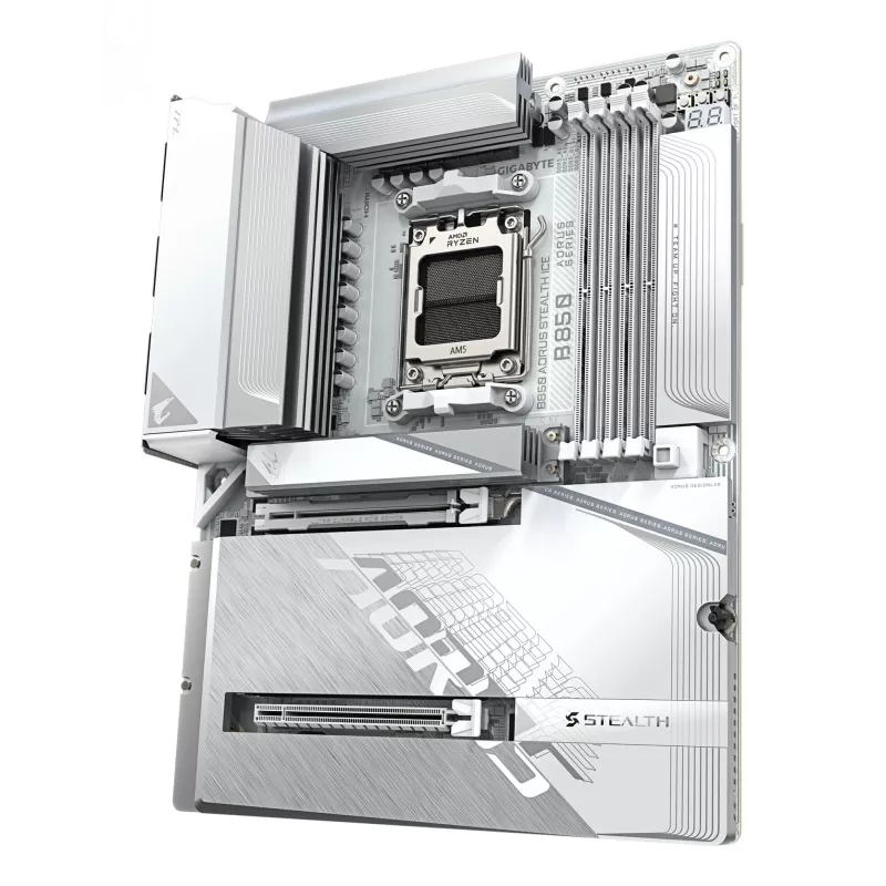 GIGABYTE B850 AORUS STEALTH ICE Placa base ATX para AMD Socket AM5 — B850, 14+2+2 VRM, DDR5 hasta 8200 MHz (OC), 2×PCIe5, 2×PCIe4 M.2, Wi‑Fi 7, 5GbE