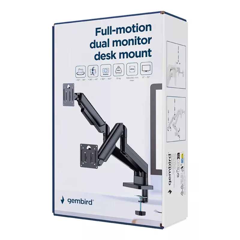 GEMBIRD Brazo doble ajustable para monitor de escritorio 17-32 pulgadas, Negro
