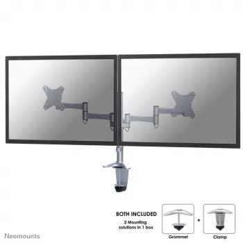 Neomounts FPMA-D1330DSILVER soporte de escritorio full-motion para 2 monitores, 10-27 pulgadas (25,4-69 cm), abrazadera/pasacables, máx. 18 kg, plateado