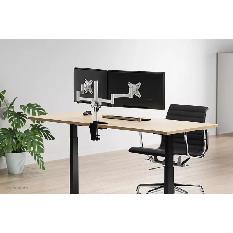 Neomounts FPMA-D1330DSILVER soporte de escritorio full-motion para 2 monitores, 10-27 pulgadas (25,4-69 cm), abrazadera/pasacables, máx. 18 kg, plateado