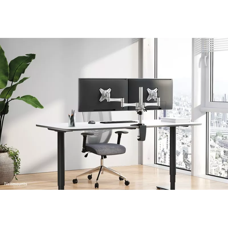 Neomounts FPMA-D1330DSILVER soporte de escritorio full-motion para 2 monitores, 10-27 pulgadas (25,4-69 cm), abrazadera/pasacables, máx. 18 kg, plateado