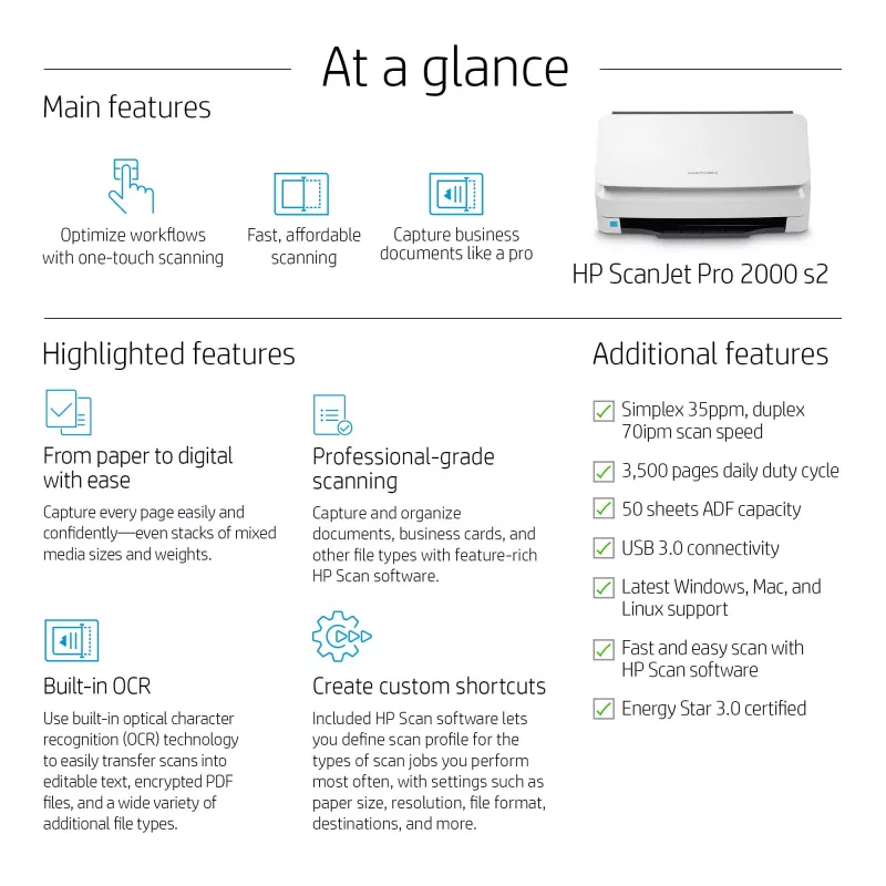 Escáner con alimentador HP Scanjet Pro 2000 s2