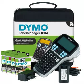 DYMO LabelManager 420P set de impresora de etiquetas de alto rendimiento con batería y portátil | teclado ABC con 4 rollos de etiquetas D1 y maletín de transporte