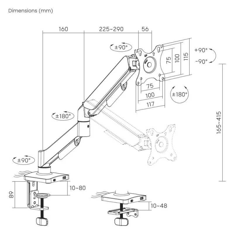 Gembird MA-DA1U-01 brazo de escritorio para monitor ajustable con puertos USB, 17-32 pulgadas (hasta 81,3 cm), máx. 9 kg, VESA 75x75/100x100, negro