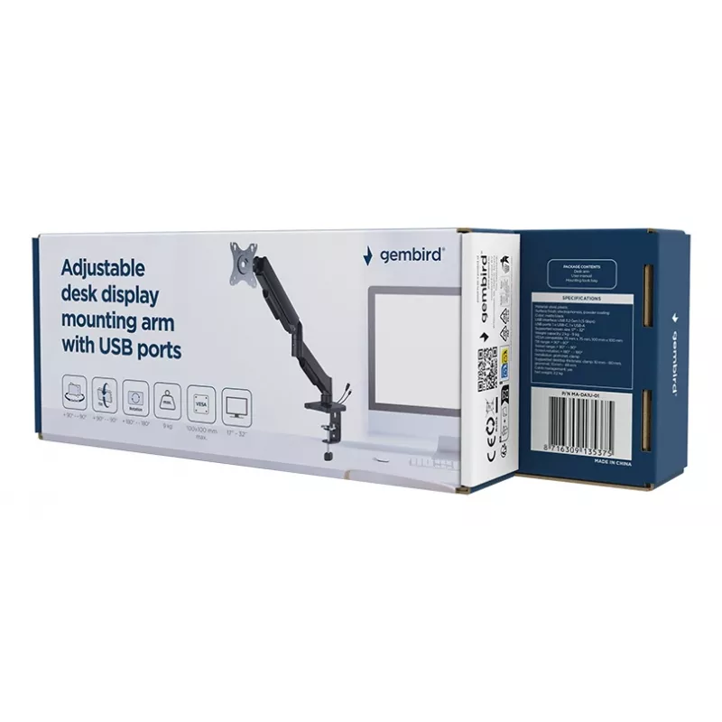 Gembird MA-DA1U-01 brazo de escritorio para monitor ajustable con puertos USB, 17-32 pulgadas (hasta 81,3 cm), máx. 9 kg, VESA 75x75/100x100, negro