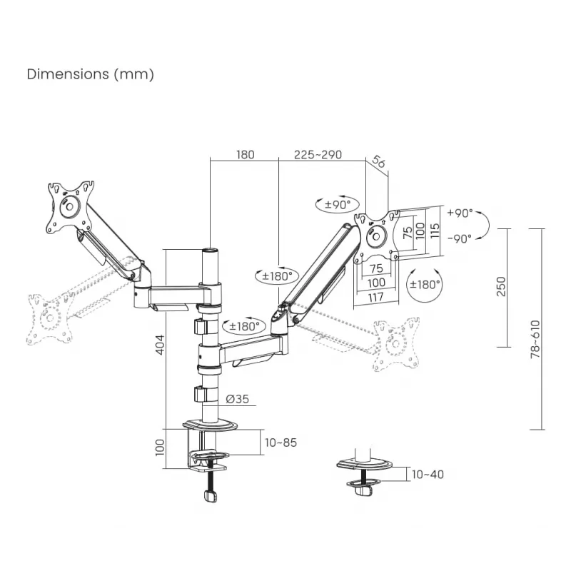 Soporte de monitor de escritorio Gembird MA-DA2P-02 para 2 pantallas, hasta 81,3 cm (32 pulgadas), VESA 75x75–100x100, peso máx. 9 kg por pantalla, pinza/pasacables de escritorio, negro