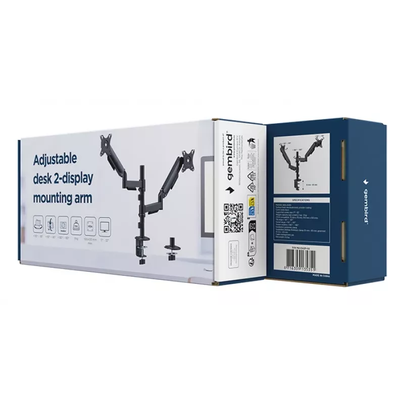 Soporte de monitor de escritorio Gembird MA-DA2P-02 para 2 pantallas, hasta 81,3 cm (32 pulgadas), VESA 75x75–100x100, peso máx. 9 kg por pantalla, pinza/pasacables de escritorio, negro